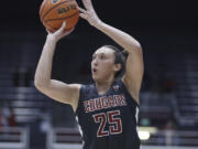 Washington State guard Beyonce Bea (25) concluded her college playing career with WSU's 81-58 loss to Illinois in the WBIT semifinals on Monday, April 1, 2024, at Indianapolis. She scored six points and four rebounds to finish with 2,130 career points and 1,096 career rebounds.