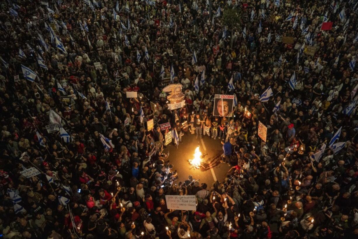 People protest against Israeli Prime Minister Benjamin Netanyahu&#039;s government and call for the release of hostages held in the Gaza Strip by the Hamas militant group in Tel Aviv, Israel, Saturday, April 6, 2024.