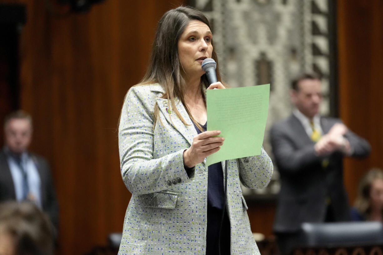 FILE - Democratic state Rep. Stephanie Stahl Hamilton, sponsor of a proposal to repeal Arizona&#039;s near-total ban on abortion, speaks on the floor of the Arizona House in Phoenix on April 17, 2024. Democrats in the Arizona House are expected on Wednesday, April 24, to make another attempt to repeal the the long-dormant abortion law, which the state&#039;s highest court says can be enforced.