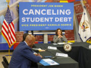 Vice President Kamala Harris visits William Cramp Elementary School on Monday, April 8, 2024 in Philadelphia. Harris went to Pennsylvania, a battleground state,  to promote debt relief in a meeting with city and school employees in Philadelphia.  (Alejandro A.