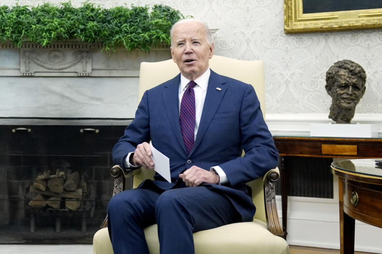 FILE - President Joe Biden speaks during a meeting with Prime Minister Petr Fiala of the Czech Republic in the Oval Office at the White House, April 15, 2024. Biden&rsquo;s latest plan for student loan cancellation is moving forward as a proposed regulation, offering him a fresh chance to deliver on a campaign promise and energize young voters ahead of the November election. The Education Department on Tuesday filed paperwork for a new regulation that would deliver the cancellation the Democratic president announced last week.