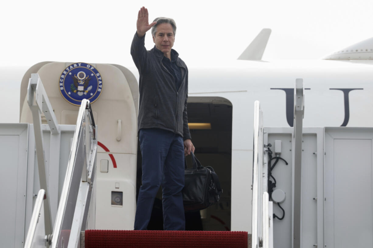 U.S. Secretary of State Antony Blinken gestures as he departs for Saudi Arabia in the latest Gaza diplomacy push, at Joint Base Andrews, Md., Saturday, April 28, 2024.