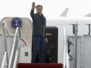 U.S. Secretary of State Antony Blinken gestures as he departs for Saudi Arabia in the latest Gaza diplomacy push, at Joint Base Andrews, Md., Saturday, April 28, 2024.