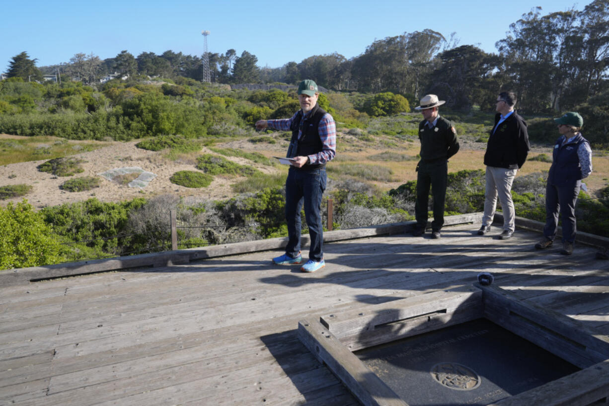 Durrell Kapan, Lead Researcher of Entomology with the California Academy of Sciences, talks about the release of silvery blue butterflies, the closest relative to the extinct Xerces blue butterfly, in the Presidio&rsquo;s restored dune habitat in San Francisco, Thursday, April 11, 2024.