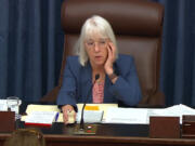 In this image from video from Senate Television, Sen. Patty Murray, D-Wash., listens as she presides over the Senate acting as a court of impeachment, during the impeachment trial of Homeland Security Secretary Alejandro Mayorkas on the Senate floor at the U.S. Capitol, Wednesday, April 17, 2024, in Washington.