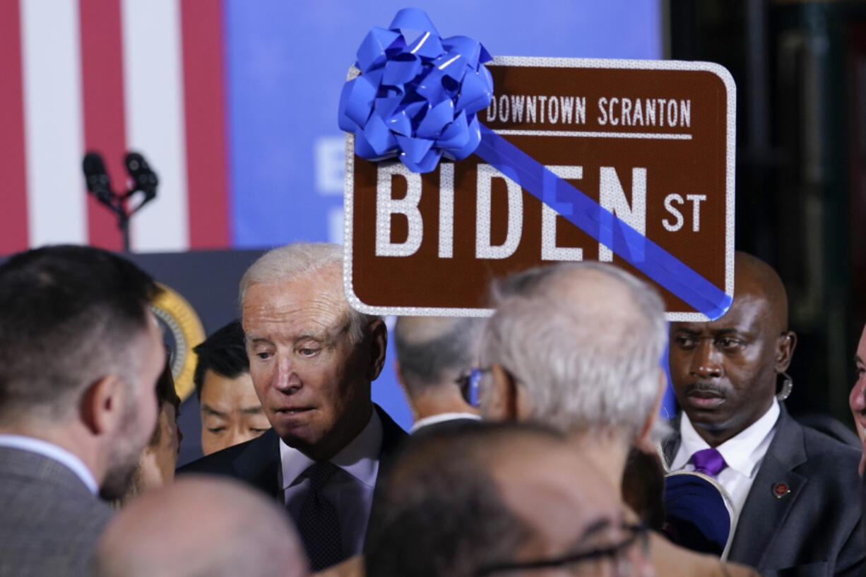 FILE - President Joe Biden greets people during a visit to the Electric City Trolley Museum in Scranton, Pa., Oct. 20, 2021. Biden will return to his childhood hometown of Scranton on Tuesday, April 16, 2024, to kick off three straight days of campaigning in Pennsylvania, capitalizing on the opportunity to crisscross the battleground state while Donald Trump spends the week in a New York City courtroom for his first criminal trial.