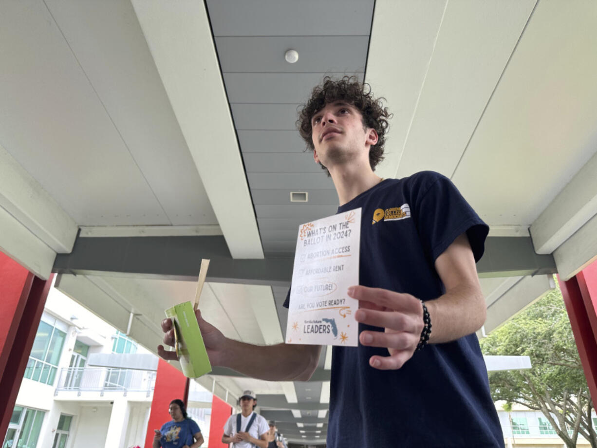 Jayden D&rsquo;Onofrio passes out Plan B, condoms and rolling papers to educate young voters at Florida Atlantic University on Thursday, April 11 in Boca Raton, Fla. Abortion and marijuana will be on Florida&rsquo;s November ballot, and these issues are critical issues for young voters.