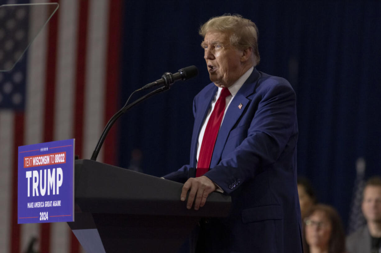 Republican presidential candidate former President Donald Trump speaks Tuesday April 2, 2024, at a rally in Green Bay, Wis.