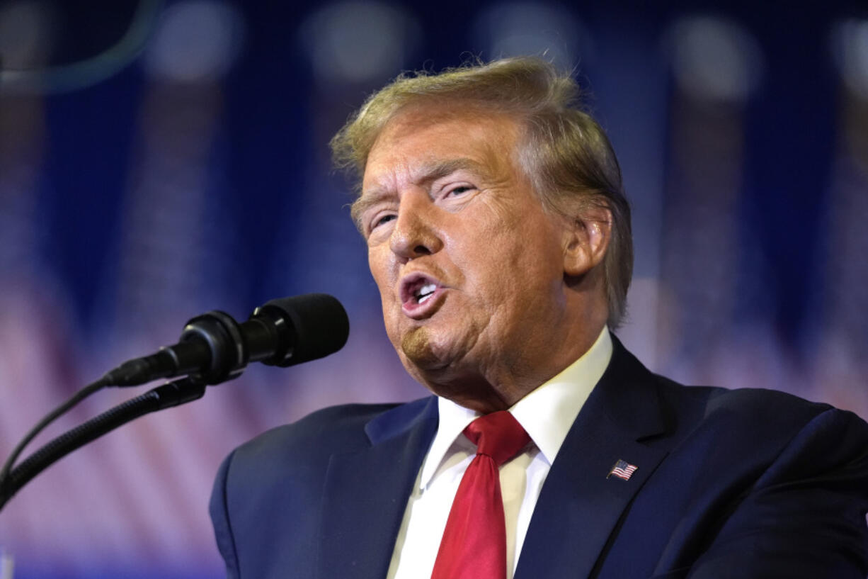 FILE - Republican presidential candidate former President Donald Trump speaks at a Get Out The Vote rally in Conway, S.C., Feb. 10, 2024. Trump still says he&rsquo;s proud that the Supreme Court justices he nominated overturned Roe v. Wade. Yet he avoided questions about whether he would support a national abortion ban should he return to the White House. Trump tried to put the issue to rest on Monday, April 8, in a video statement where Trump did not call for a national abortion ban, disappointing religious conservatives.