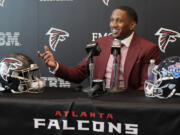 Atlanta Falcons first round draft choice quarterback Michael Penix Jr., speaks during a news conference Friday, April 26, 2024, in Flowery Branch, Ga.