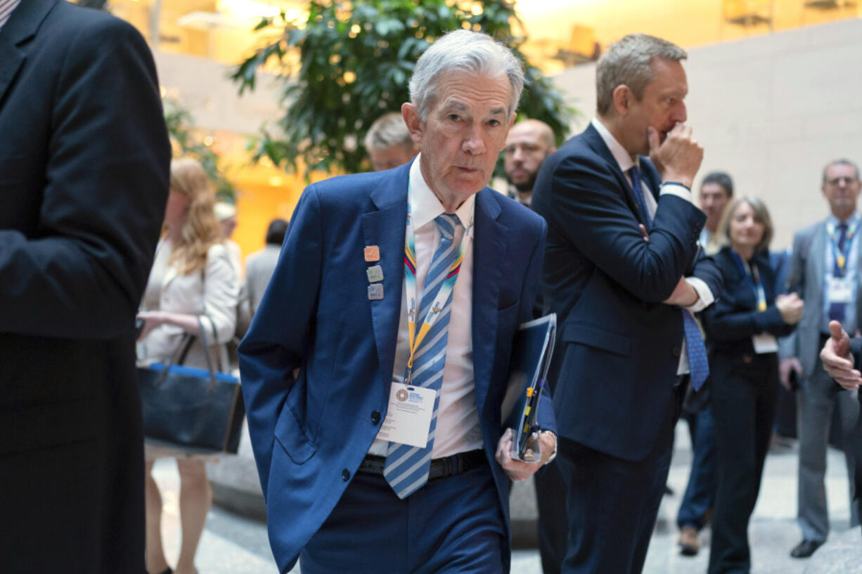 Federal Reserve Chair Jerome Powell arrives for the plenary session of the International Monetary and Financial Committee (IMFC) meeting, during the World Bank/IMF Spring Meetings at the International Monetary Fund (IMF) headquarters in Washington, Friday, April 19, 2024.