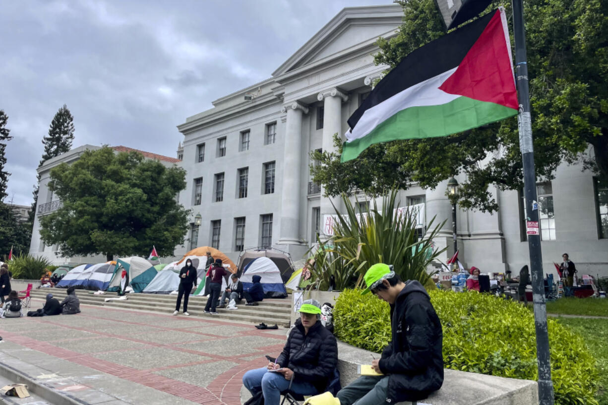 Pro-Palestinian protesters gather Tuesday  in front of Sproul Hall on the campus of the University of California, Berkeley in Berkeley, Calif.
