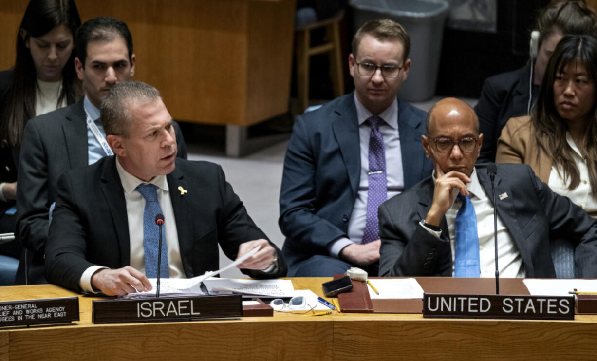 Israel&rsquo;s U.N. Ambassador Gilad Erdan, left, addresses members of the United Nations Security Council at U.N. Headquarters Wednesday, April 17, 2024. Robert A. Wood, United States Ambassador to the United Nations is at right.