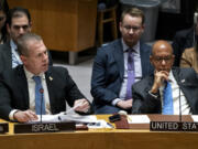 Israel&rsquo;s U.N. Ambassador Gilad Erdan, left, addresses members of the United Nations Security Council at U.N. Headquarters Wednesday, April 17, 2024. Robert A. Wood, United States Ambassador to the United Nations is at right.