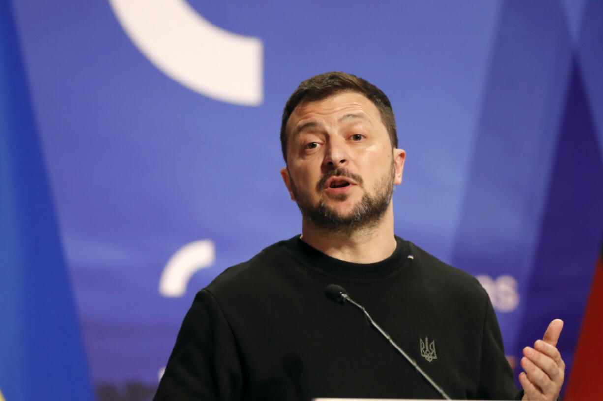 Ukraine&#039;s President Volodymyr Zelenskyy addresses a media conference at the Palace of the Grand Dukes of Lithuania during the Three Seas Initiative Summit and Business Forum in Vilnius, Thursday, April 11, 2024.