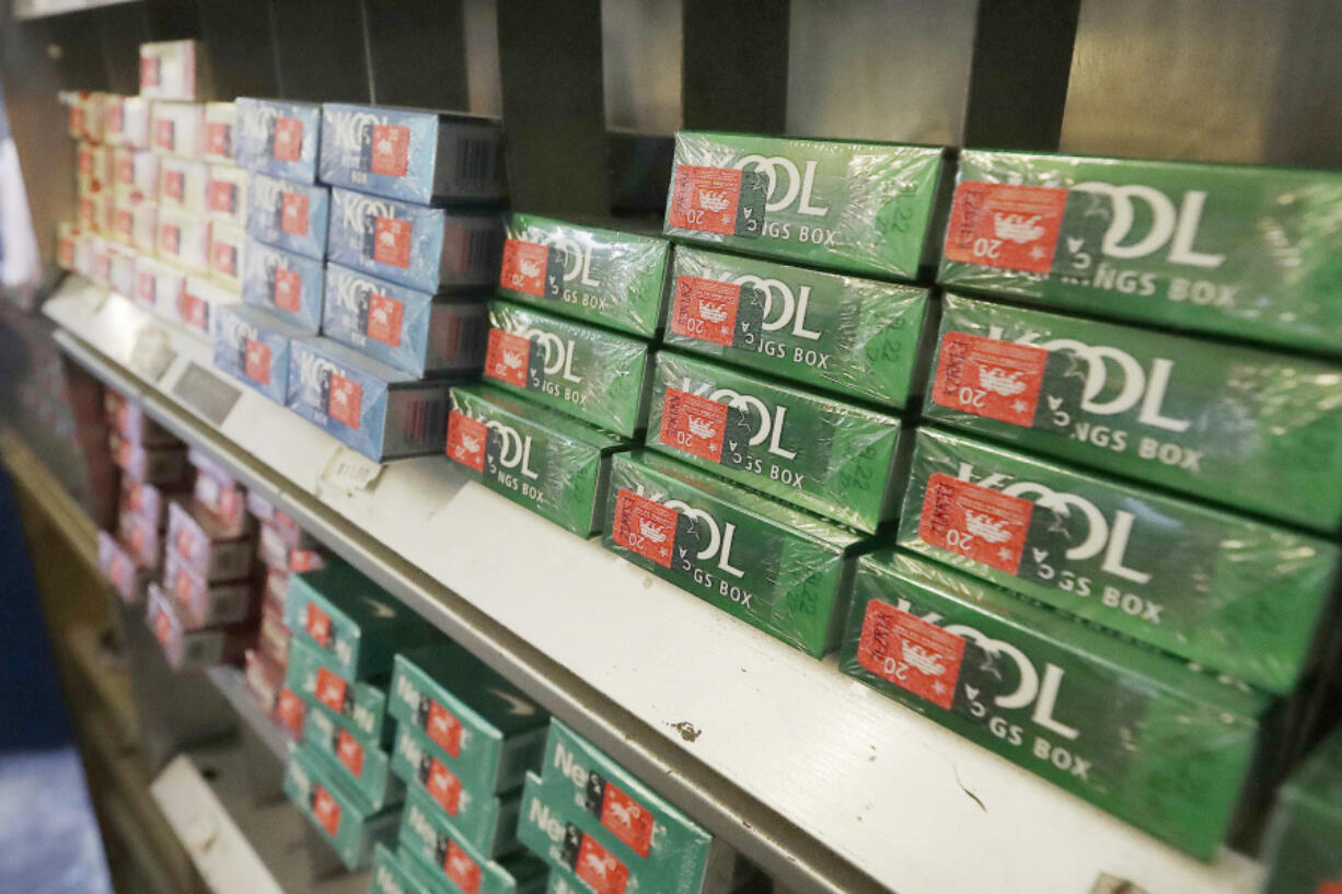 FILE - Menthol cigarettes and other tobacco products are displayed at a store in San Francisco on May 17, 2018. For the second time in recent months, President Joe Biden&#039;s administration has delayed a plan to ban menthol cigarettes, a decision that is certain to infuriate anti-smoking advocates but could avoid angering Black voters ahead of November elections.