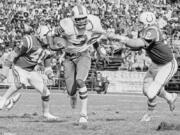 FILE - Buffalo Bulls running back O.J. Simpson (32) has his jersey pulled by Baltimore Colts linebacker Mike Curtis, during the second quarter of an NFL football game in Baltimore, Md., Oct. 12, 1975. Simpson, the decorated football superstar and Hollywood actor who was acquitted of charges he killed his former wife and her friend but later found liable in a separate civil trial, died Wednesday, April 11, 2024, of prostate cancer. He was 76.