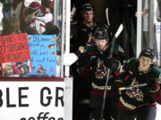 Arizona Coyotes&rsquo; Logan Cooley, right, Michael Carcone (53) and Josh Doan arrive on the ice prior to the team&rsquo;s NHL hockey game against the Edmonton Oilers on Wednesday, April 17, 2024, in Tempe, Ariz. The Coyotes are moving to Salt Lake City in a deal that could be signed less than 24 hours after the game. Hockey could return, perhaps within five years, but the stark reality is this is the end for the foreseeable future. (AP Photo/Ross D.