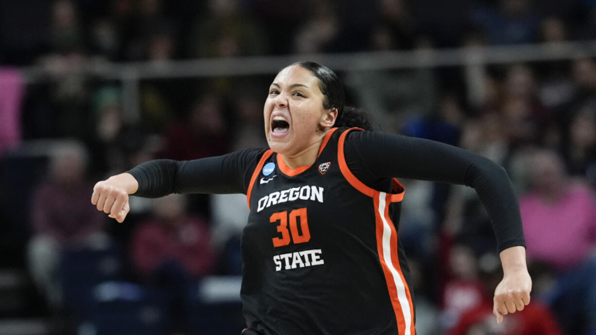 Oregon State forward Timea Gardiner during the first half of a Sweet 16 college basketball game against the Notre Dame in the NCAA Tournament in Albany, N.Y., Friday, March 29, 2024.