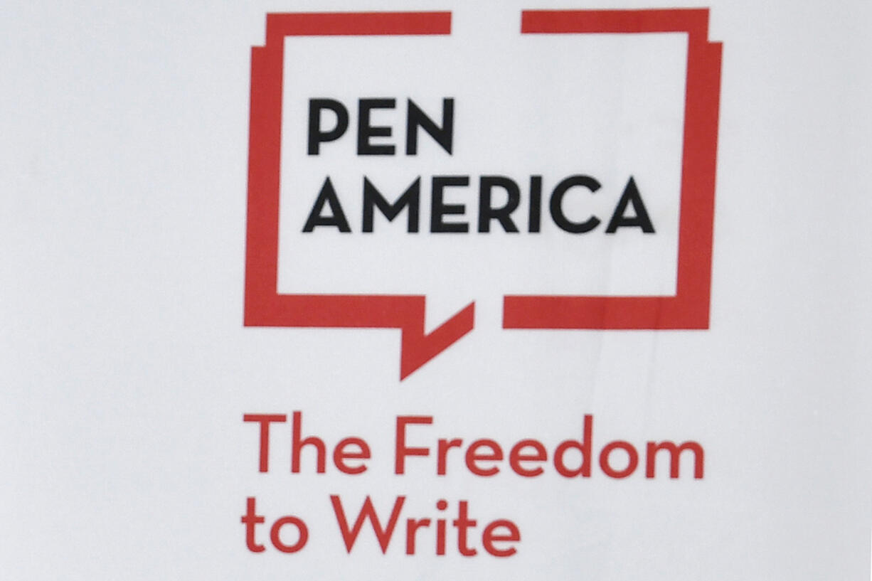 FILE - A logo is displayed at the PEN America Literary Awards, March 2, 2023, in New York. Facing widespread unhappiness over its response to the Israel-Hamas war, the writers&rsquo; group PEN America on Monday, April 22, 2024, called off its annual awards ceremony.