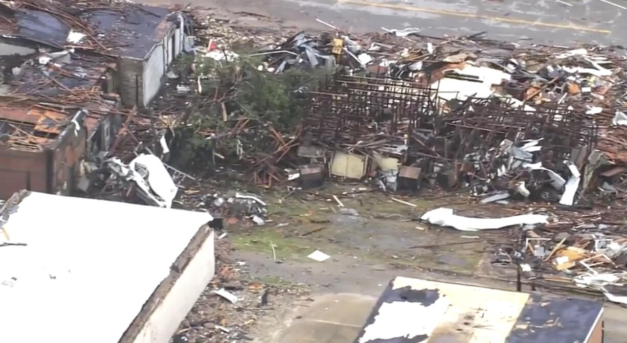 This image taken from video provided by KOCO shows buildings destroyed by a tornado in Sulphur, Okla., Sunday, April 28, 2024.