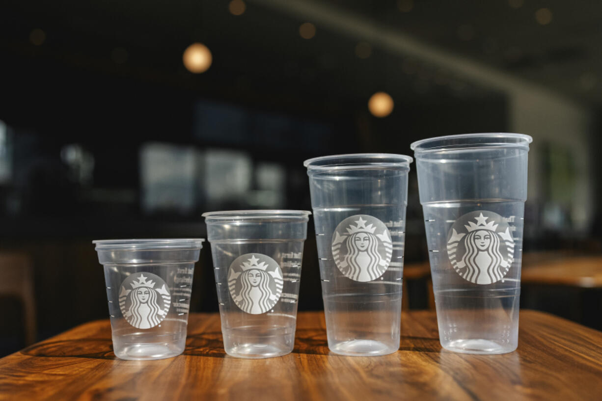 This photo provided by Starbucks shows a new version of the company&rsquo;s cold cup which is said to be made with up to 20% less plastic. The introduction of the cups will be announced on Thursday, April 18, 2024.