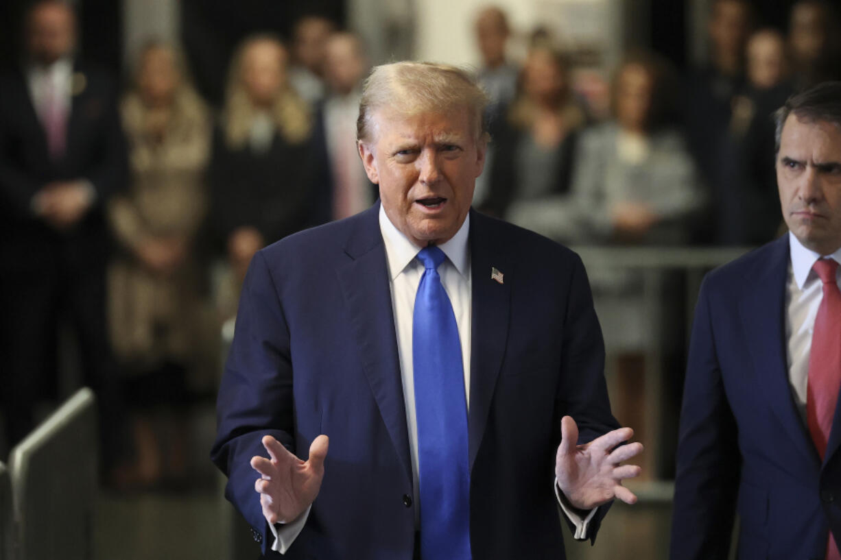 Former president Donald Trump speaks upon arriving at Manhattan criminal court, Monday, April 22, 2024, in New York. Opening statements in Donald Trump&rsquo;s historic hush money trial are set to begin. Trump is accused of falsifying internal business records as part of an alleged scheme to bury stories he thought might hurt his presidential campaign in 2016.
