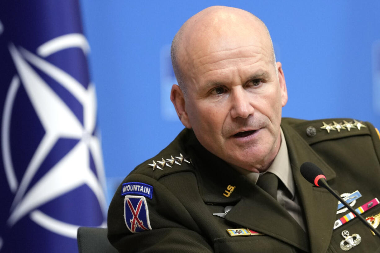 FILE -  Supreme Allied Commander Europe, Gen. Christopher Cavoli addresses a media conference at NATO headquarters in Brussels, Jan. 18, 2024.  Cavoli told Congress Wednesday that Ukraine will be outgunned 10 to one by Russia within a matter of weeks if Congress does not find a way to approve sending more ammunition and weapons to Kyiv soon.