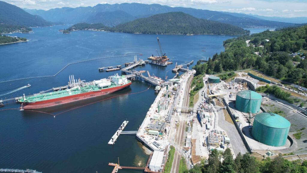 Aerial view of the expanded Trans Mountain oil export terminal in Burnaby, British Columbia. The Westridge Marine Terminal now has three berths, up from one.