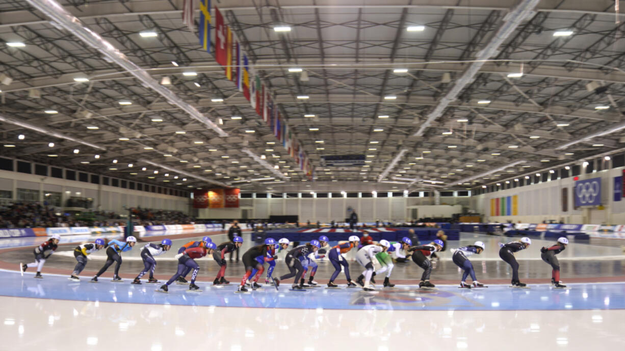 FILE - Skaters compete during women&rsquo;s mass start race at the World Cup speedskating event at the Utah Olympic Oval, on Dec. 5, 2021, in Kearns, Utah. Salt Lake City&rsquo;s enduring enthusiasm for hosting the Olympics will be on full display Wednesday, April, 10, 2024, when members of the International Olympic Committee come to Utah for a site visit ahead of a formal announcement expected this July to name Salt Lake City the host for the 2034 Winter Olympics.