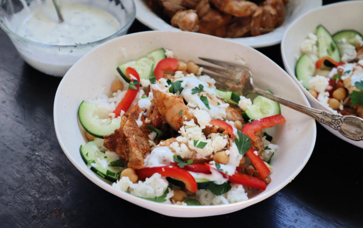 With some advance prep, this easy chopped chicken shawarma bowl makes a quick weeknight dinner.