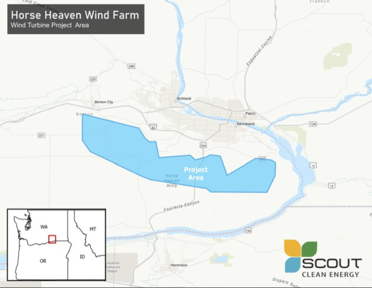 A map of the proposed project area for the Horse Heaven wind farm project.