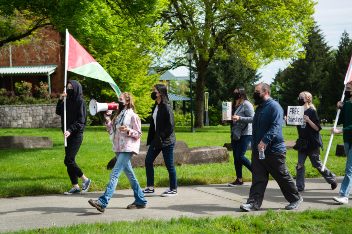 A small group of pro-Palestinian student protestors led daily marches and rallies at Washington State University Vancouver throughout this week, calling for an end to violence in Gaza. Students leading the group said they want WSU administration to end or re-examine its financial ties to companies who fund Israeli military efforts.