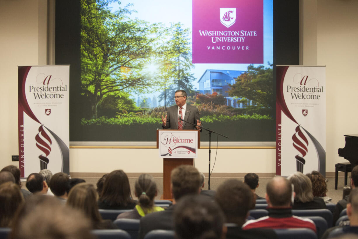 Incoming WSU President Kirk Schulz speaks to faculty and students as he visits WSU Vancouver Monday April 4, 2016. Shultz is touring a branch campuses around the state.