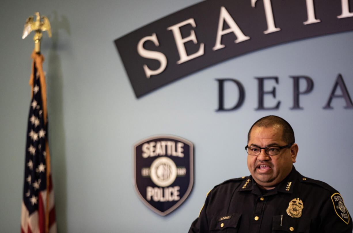 Seattle Police Department chief Adrian Diaz speaks during a press conference Friday, Oct. 20, 2023, at SPD HQ following an expanded drug operation in Seattle.