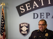 Seattle Police Department chief Adrian Diaz speaks during a press conference Friday, Oct. 20, 2023, at SPD HQ following an expanded drug operation in Seattle.