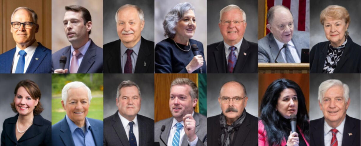 These individuals are leaving office this year. Top row (l-r) Jay Inslee, Andy Billig, Frank Chopp, Lynda Wilson, Sam Hunt, Mike Padden, Karen Keiser. Bottom row (l-r) Ann Rivers, Mike Kreidler, J.T. Wilcox, Spencer Hutchins, Joel Kretz, Gina Mosbrucker, Bruce Chandler.