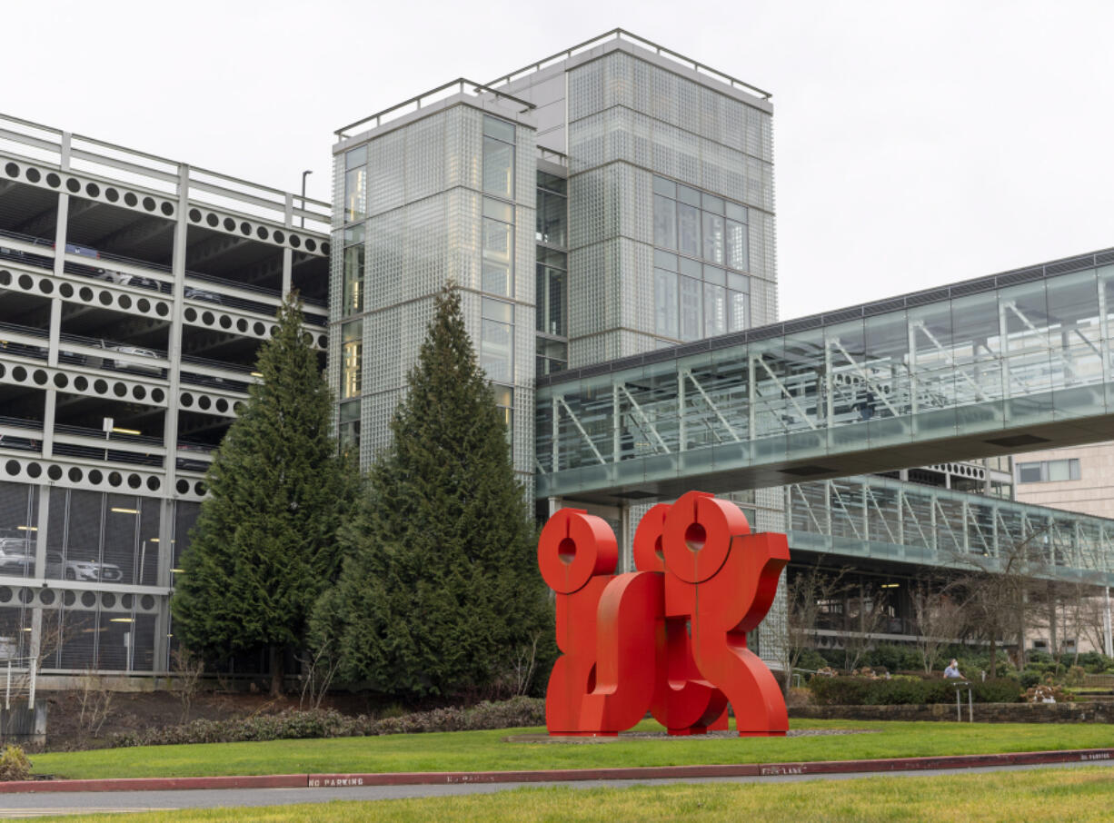 &igrave;Loowit,&icirc; a sculpture by artist Lee Kelly, stands at the front of Legacy Salmon Creek hospital on Wednesday, Feb. 9, 2022. Legacy Salmon Creek is one of the top 50 hospitals in the country, according to Healthgrades.