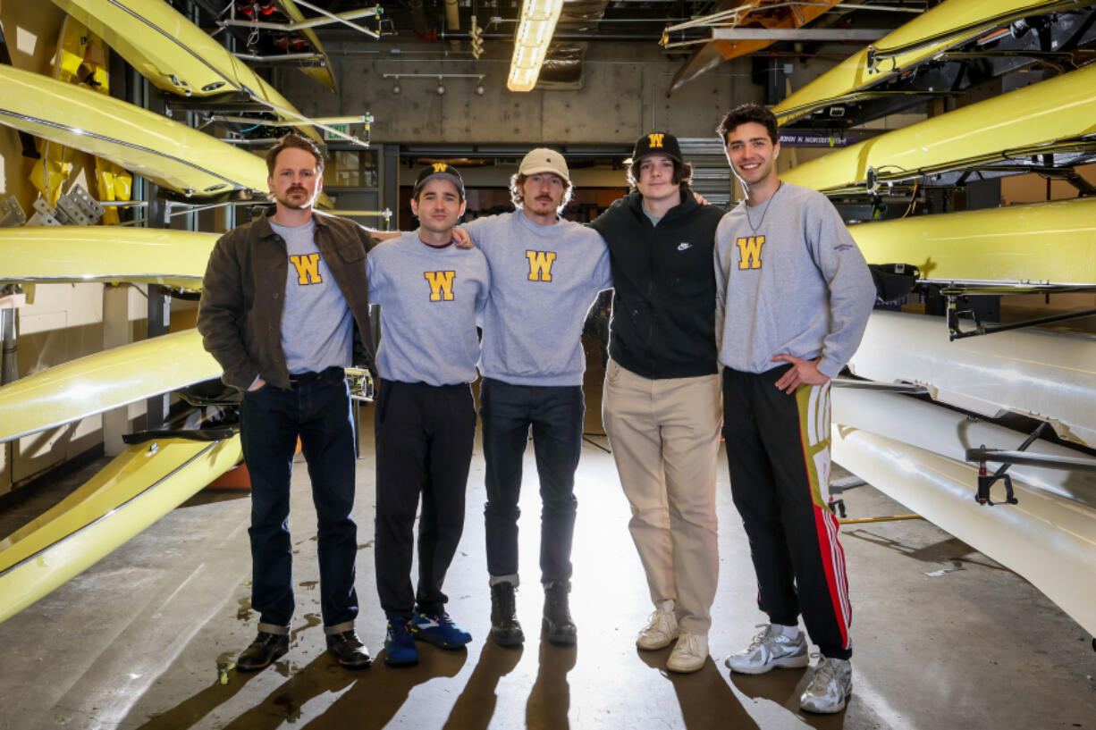 &ldquo;The Boys in the Boat&rdquo; actors, from left, Sam Strike (who played Roger Morris), Luke Slattery (Bobby Moch), Tom Varey (Johnny White), Jack Mulhern (Don Hume) and Bruce Herbelin-Earle (George &ldquo;Shorty&rdquo; Hunt) at Conibear Shell House on May 2 in Seattle.