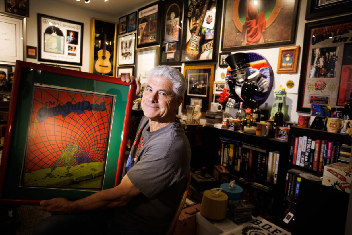 Bill Guardino of Gilroy, Calif., with his vast collection of music memorabilia March 29 at his home.