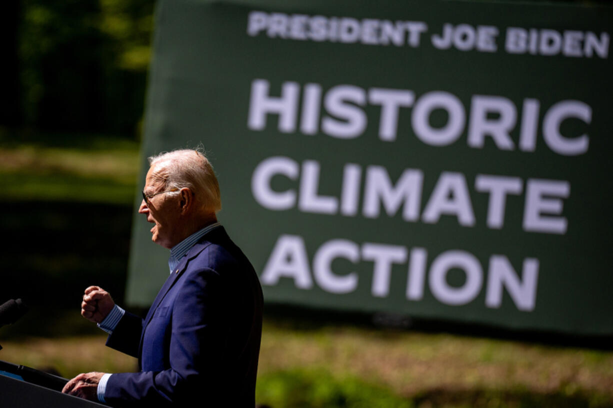 U.S. President Joe Biden speaks on Earth Day at Prince William Forest Park on April 22, 2024, in Triangle, Virginia. Biden, along with Sens. Bernie Sanders (D-VT), Edward Markey (D-MA), and Rep. Alexandria Ocasio-Cortez (D-NY), announced a seven billion dollar &ldquo;Solar For All&rdquo; program with the Environmental Protection Agency and an American Climate Corps initiative, while commemorating the 54th anniversary of Earth Day, started in 1970 to raise awareness and support for environmental protection.