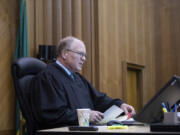 Judge David Gregerson speaks from the bench in his courtroom at the Clark County Courthouse in 2023.