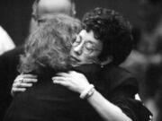 Rebecca Schaeffer&Ccedil;&fnof;&Ugrave;s mother, Danna, right, hugs Deputy Dist. Atty. Marcia Clark after the verdict for Robert John Bardo was announced.