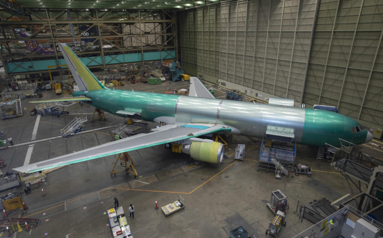 A Boeing 767-300F is built for FedEx at the Everett factory, Jan. 26, 2022.