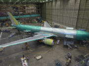 A Boeing 767-300F is built for FedEx at the Everett factory, Jan. 26, 2022.