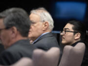 Julio Segura, right, listens to opening statements May 6 for his murder trial in the 2022 death of off-duty Vancouver police Officer Donald Sahota at the Clark County Courthouse.