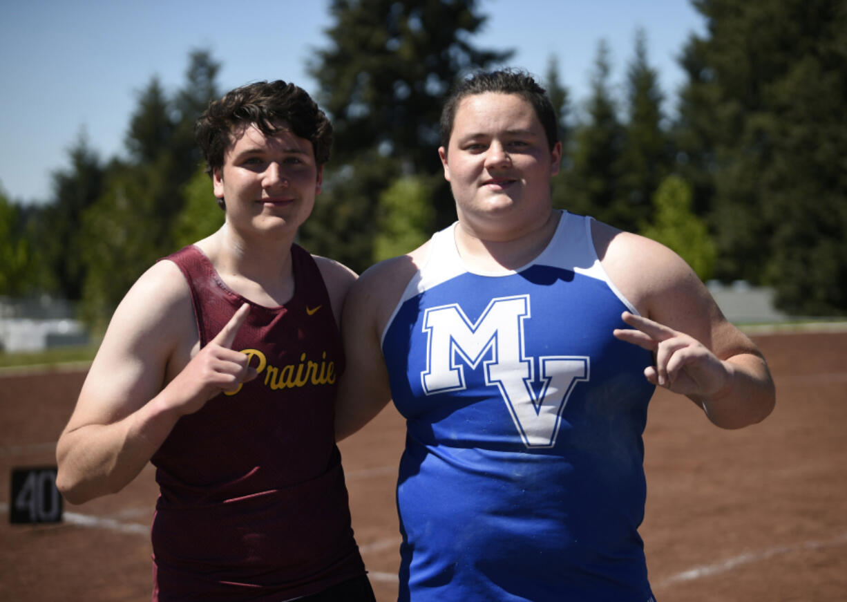 Will Foster of Prairie, left, and Juan Pasillas-Stanton of Mountain View own the top two shot put marks in Class 3A statewide.