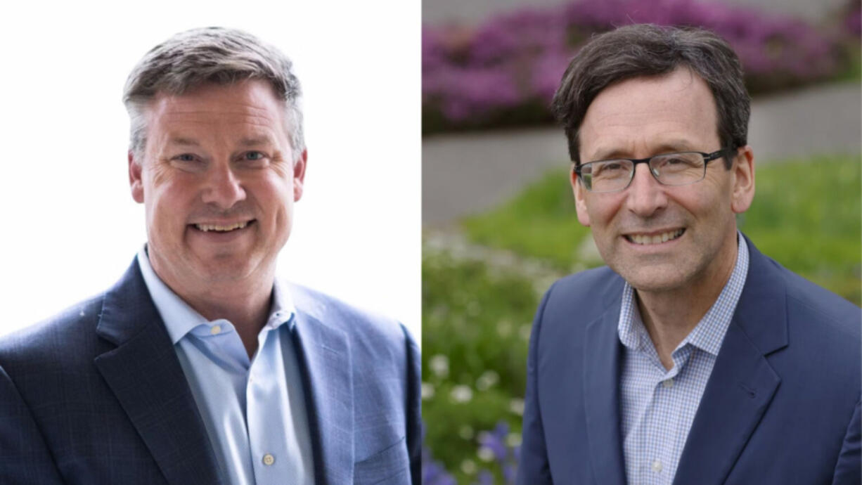 State Sen. Mark Mullet, left, and Attorney General Bob Ferguson, right, are both running as Democrats for governor in 2024.