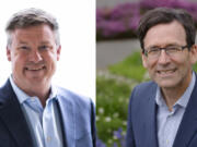 State Sen. Mark Mullet, left, and Attorney General Bob Ferguson, right, are both running as Democrats for governor in 2024.