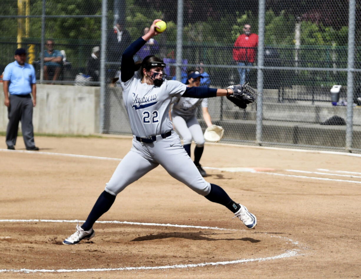 Skyview junior Maddie Milhorn delivers a pitch in a first-round game against Puyallup at the District 3/4 softball tournament on Friday, May 17, 2024 in Kent.